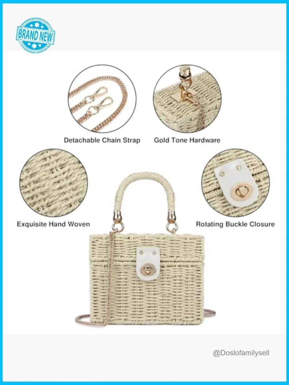 Handwoven Rattan Crossbody Bag Straw Beach Tote Satchel with Chain Strap